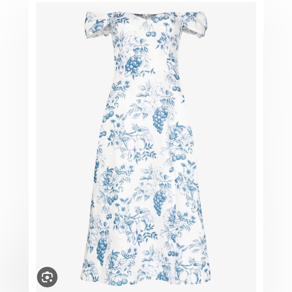 Reformation Bridgestone off the shoulder blue and white dress
